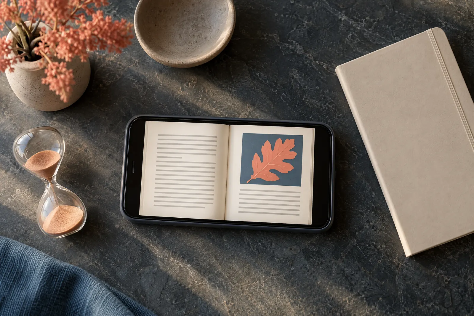 A rooftop room still life of a ebook product arranged with a small hourglass, in coral, sand, slate, and cream.