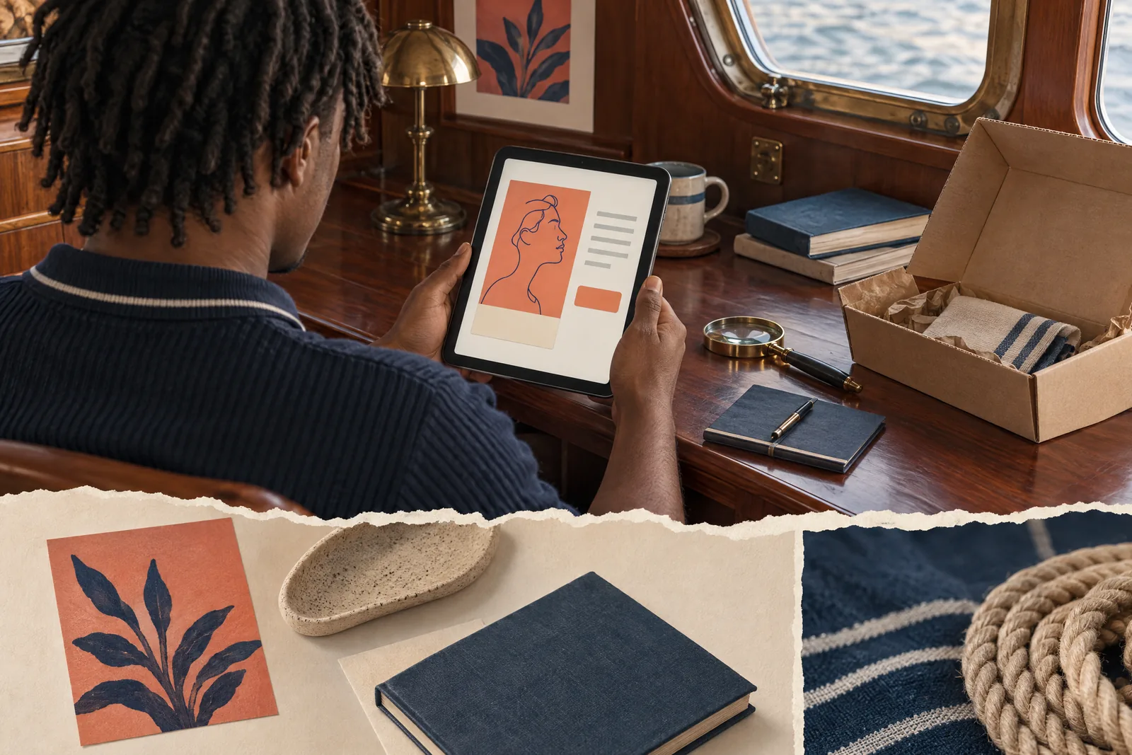 A young man with short locs in a navy knit polo at a boat cabin looks at a screen showing a delivery product for sale, with a magnifying glass beside them.