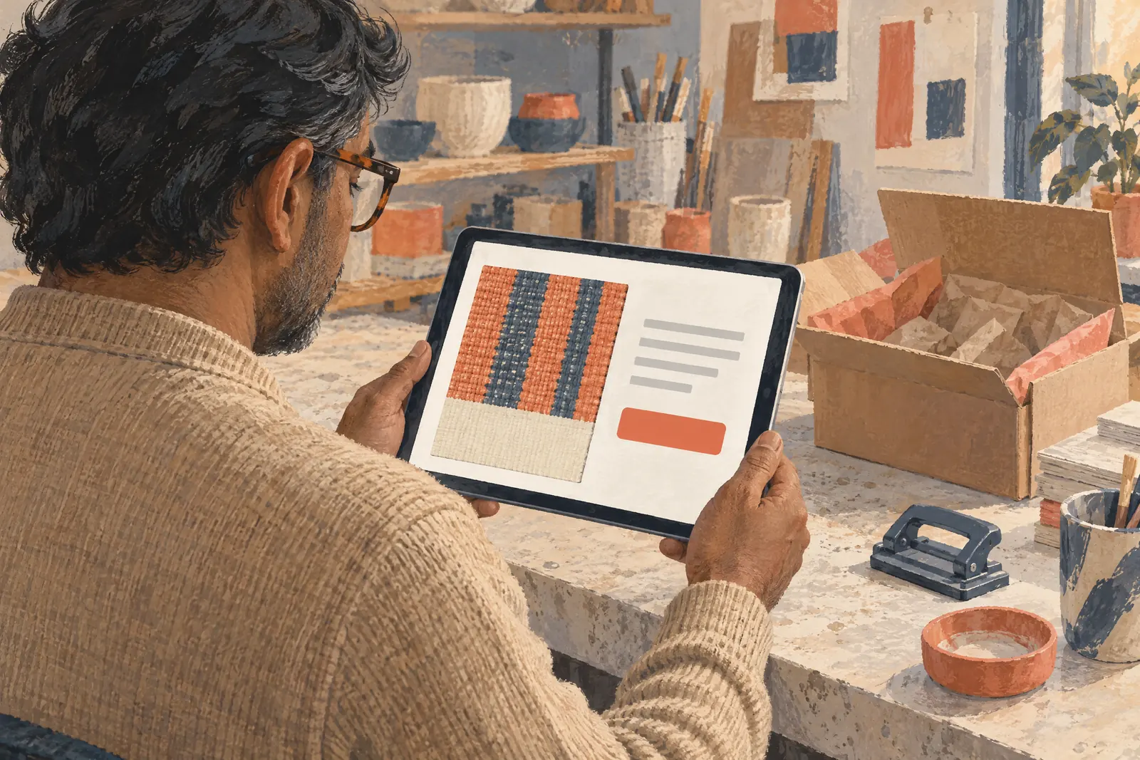 A south asian man in his forties with tortoiseshell glasses in a sand cardigan at a clay studio looks at a screen showing a delivery product for sale, with a hole punch beside them.