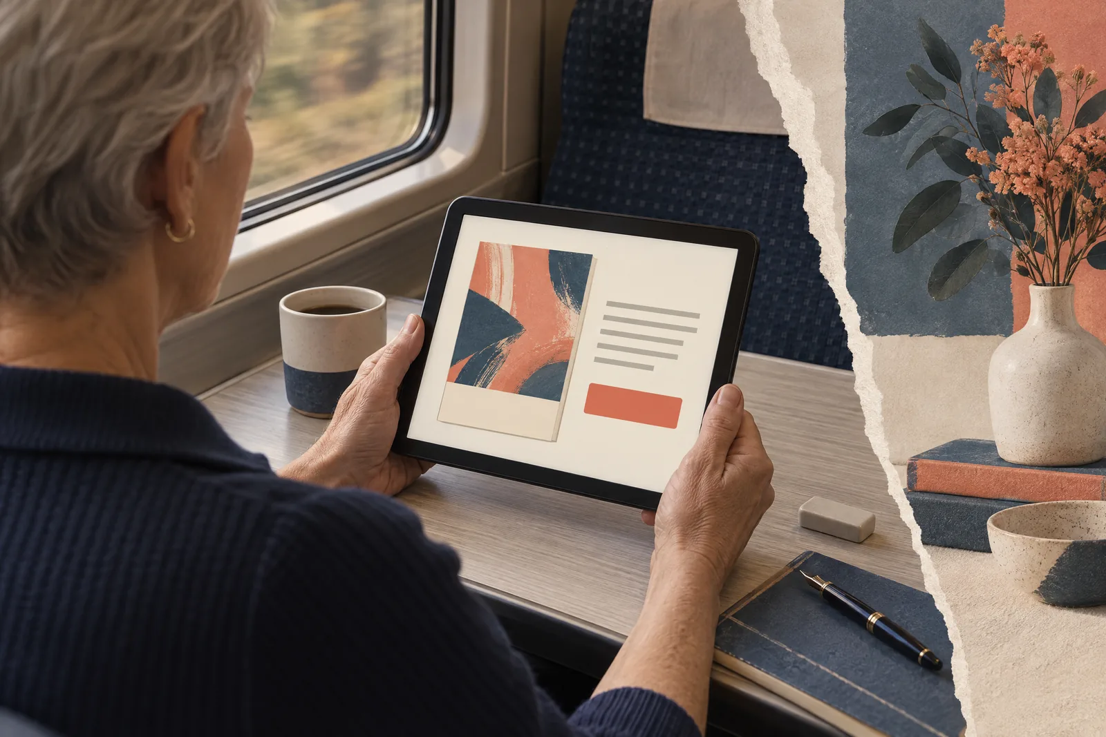 An older woman with cropped gray hair in a navy knit polo at a train compartment looks at a screen showing a payment product for sale, with a gray eraser beside them.