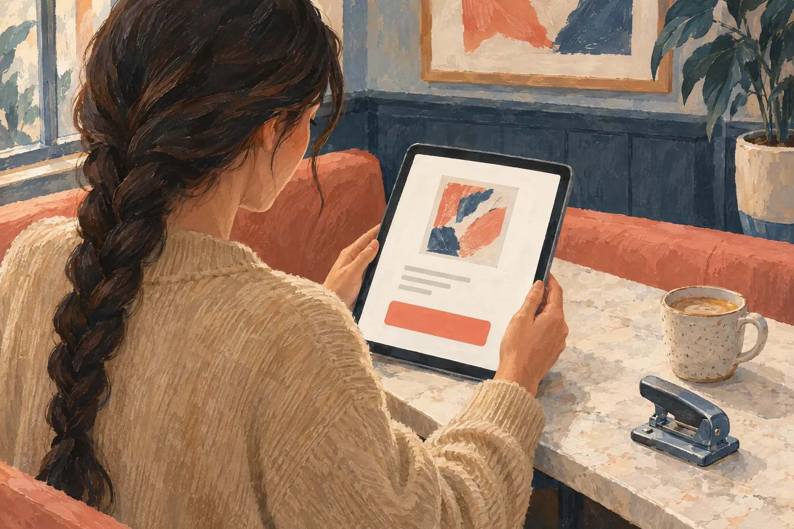 A woman in her twenties with a long dark braid in a sand cardigan at a cafe booth looks at a screen showing a general product for sale, with a hole punch beside them.
