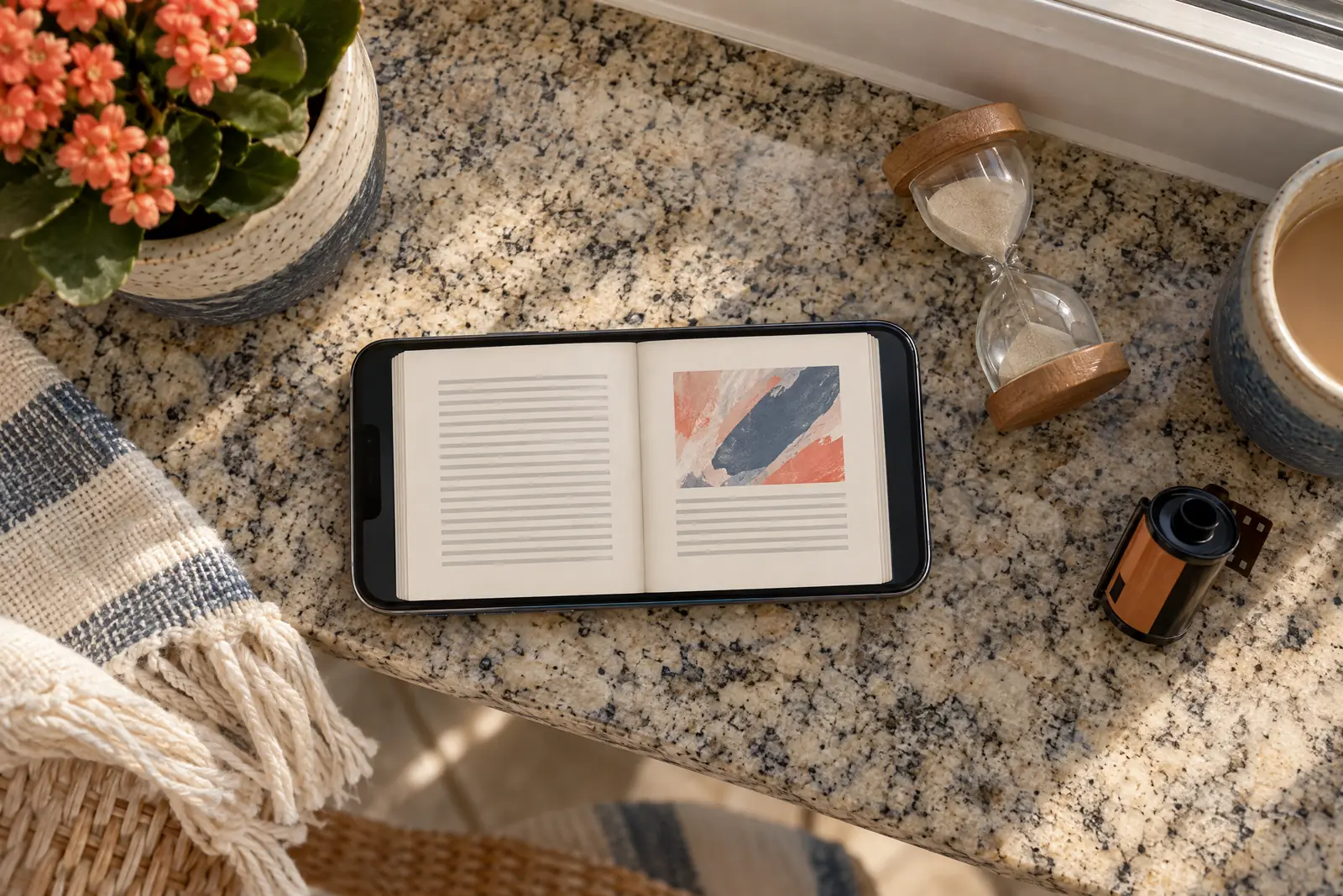 A sunroom still life of a video product arranged with a small hourglass, in coral, sand, slate, and cream.
