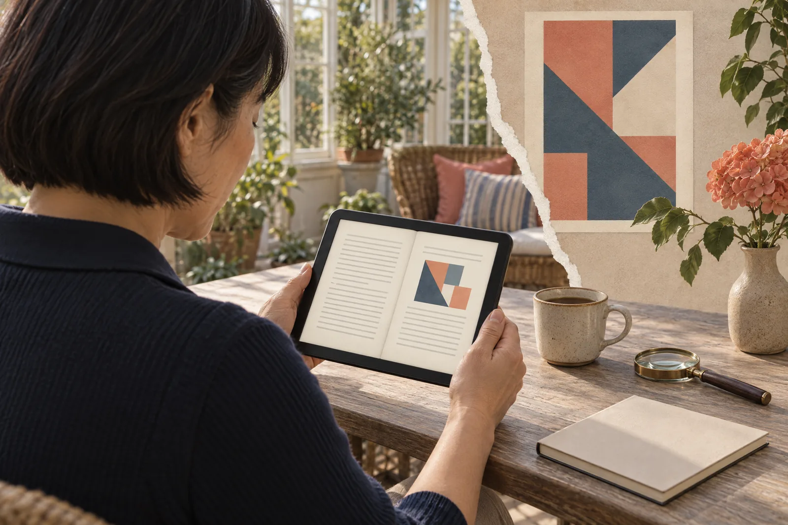An east asian woman in her forties with a short bob in a navy knit polo at a conservatory looks at a screen showing a book product for sale, with a magnifying glass beside them.
