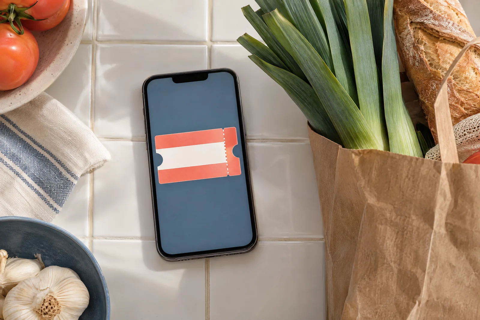 Overhead still life of a phone on a tile counter showing a promo voucher, beside a paper grocery bag with leeks.