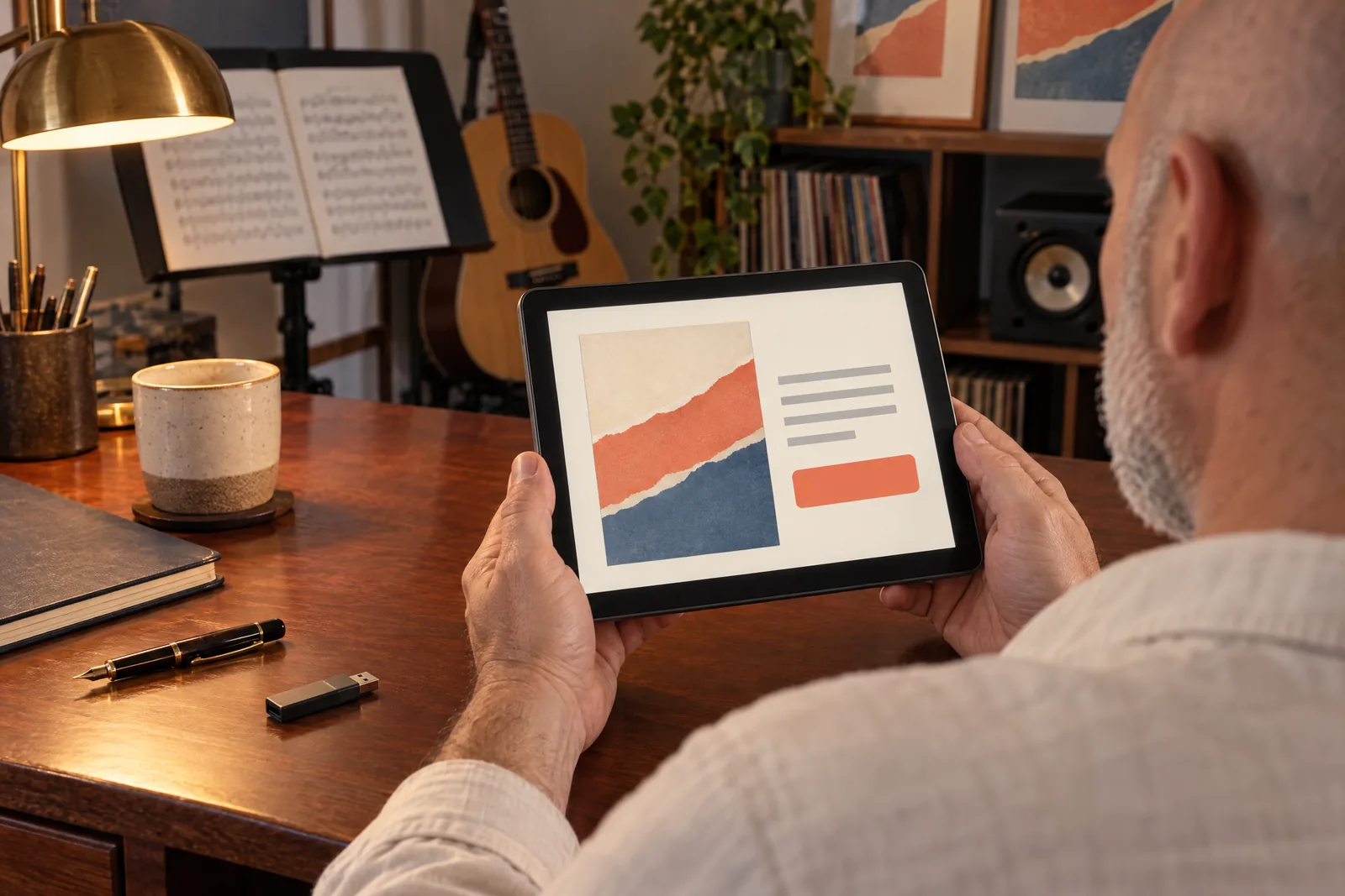A bald man in his fifties with gray stubble in a cream linen shirt at a music room looks at a screen showing a software product for sale, with a fountain pen beside them.