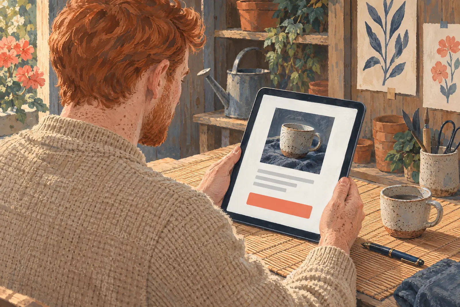 A man in his thirties with red hair and freckles in a sand cardigan at a garden shed looks at a screen showing a payment product for sale, with a speckled ceramic cup beside them.