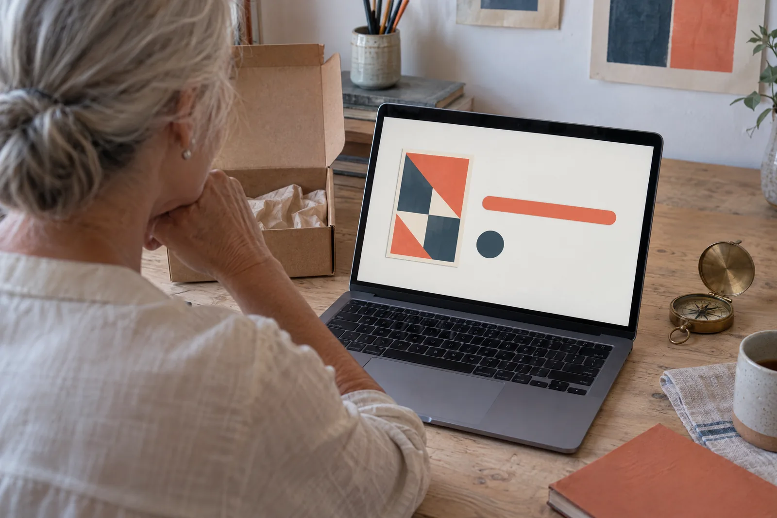 A woman in her fifties with silver hair in a low bun in a cream linen shirt at a rehearsal corner looks at a screen showing a delivery product for sale, with a brass compass beside them.
