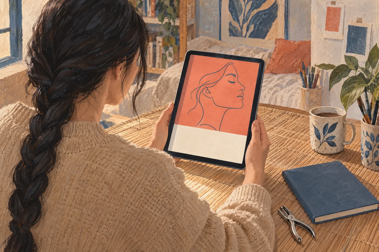 A woman in her twenties with a long dark braid in a sand cardigan at a studio apartment looks at a screen showing a ebook product for sale, with a hole punch beside them.