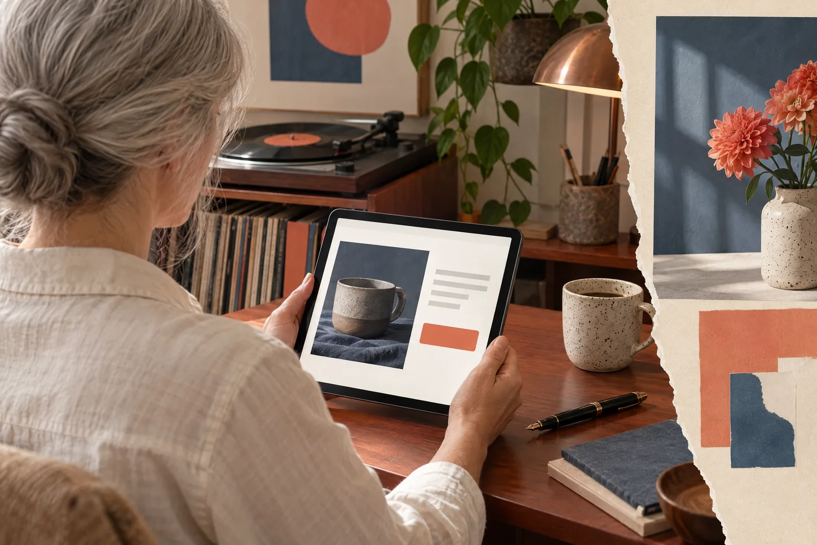 A woman in her fifties with silver hair in a low bun in a cream linen shirt at a record nook looks at a screen showing a general product for sale, with a fountain pen beside them.