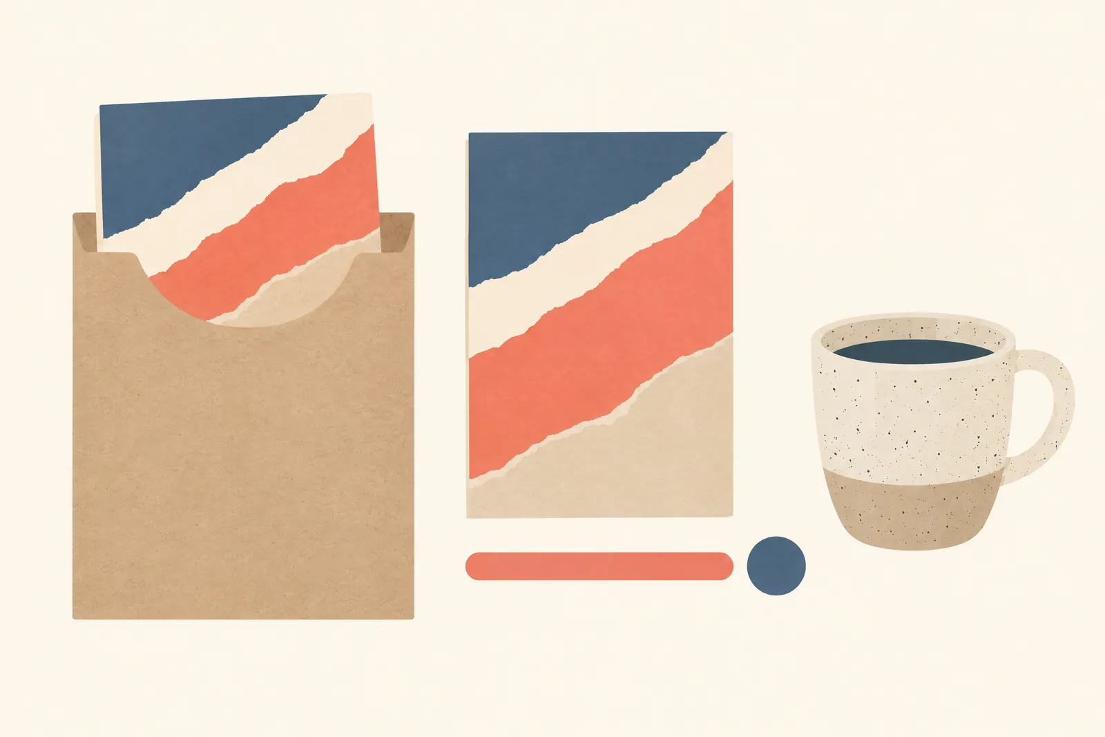 A ink studio still life of a general product arranged with a flat kraft sleeve, in coral, sand, slate, and cream.