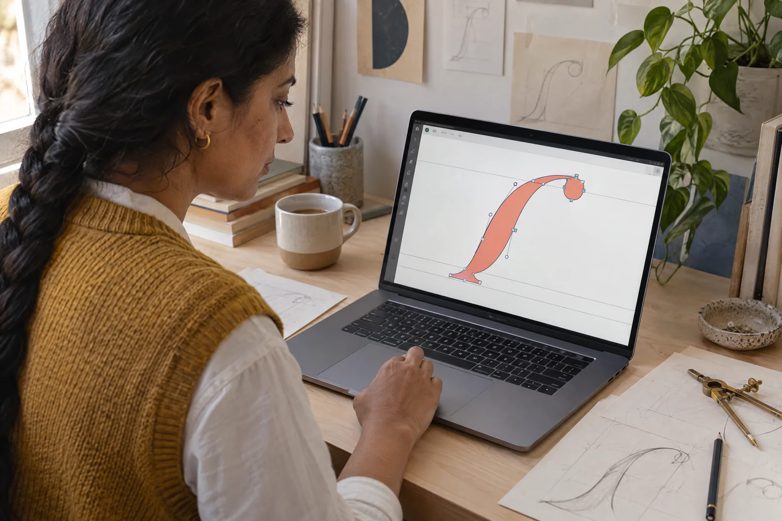 A type designer in a mustard vest works in a font editor on her laptop, shaping one curved serif stroke with anchor points.