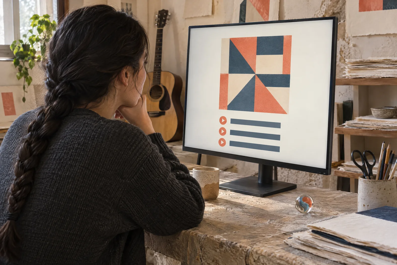 A woman in her twenties with a long dark braid in a charcoal sweater at a paper studio looks at a screen showing a music product for sale, with a glass marble beside them.