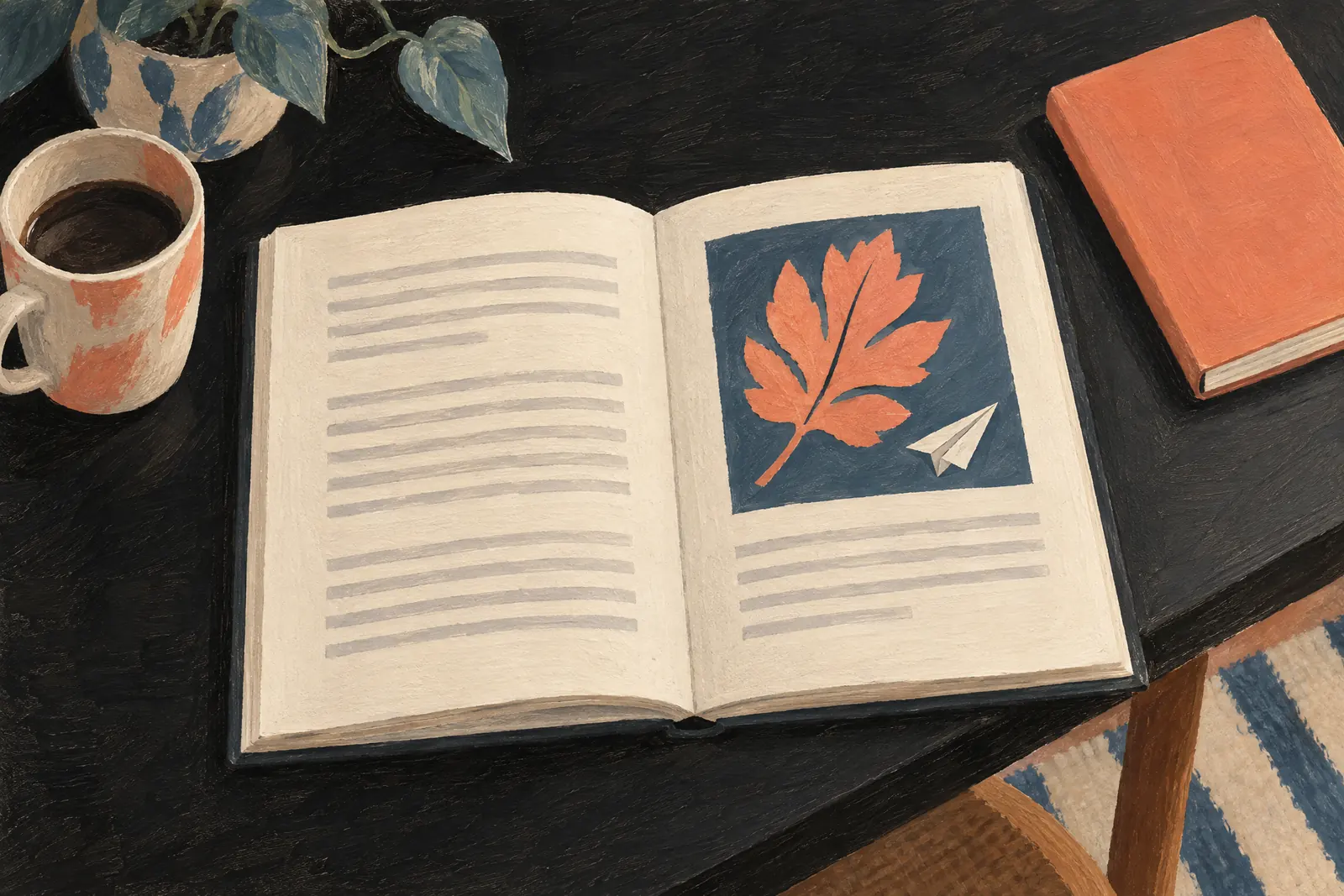 A window seat still life of a ebook product arranged with a paper airplane, in coral, sand, slate, and cream.