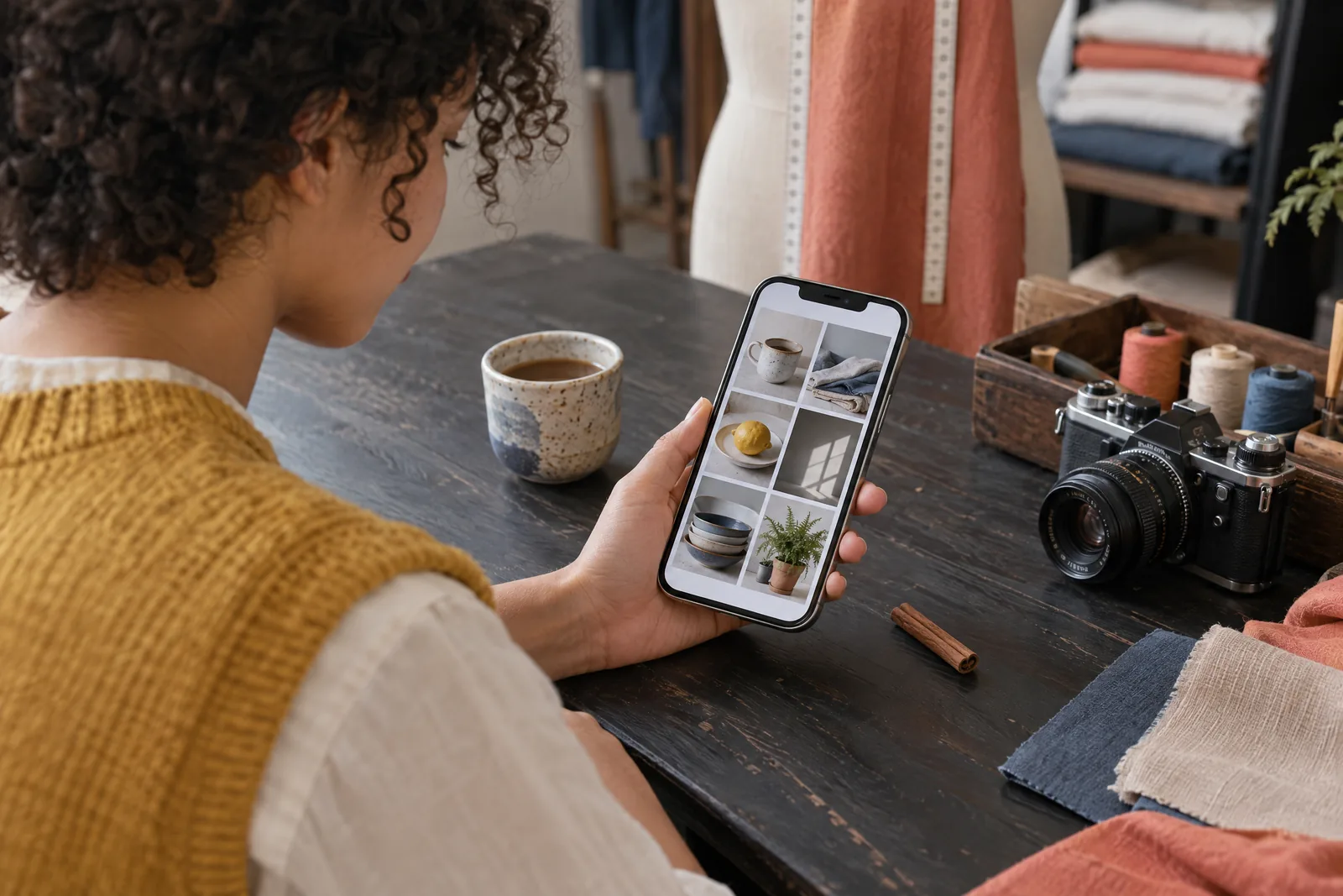 A teenager with curly hair in a mustard knit vest at a tailor shop looks at a screen showing a photo product for sale, with a cinnamon stick beside them.