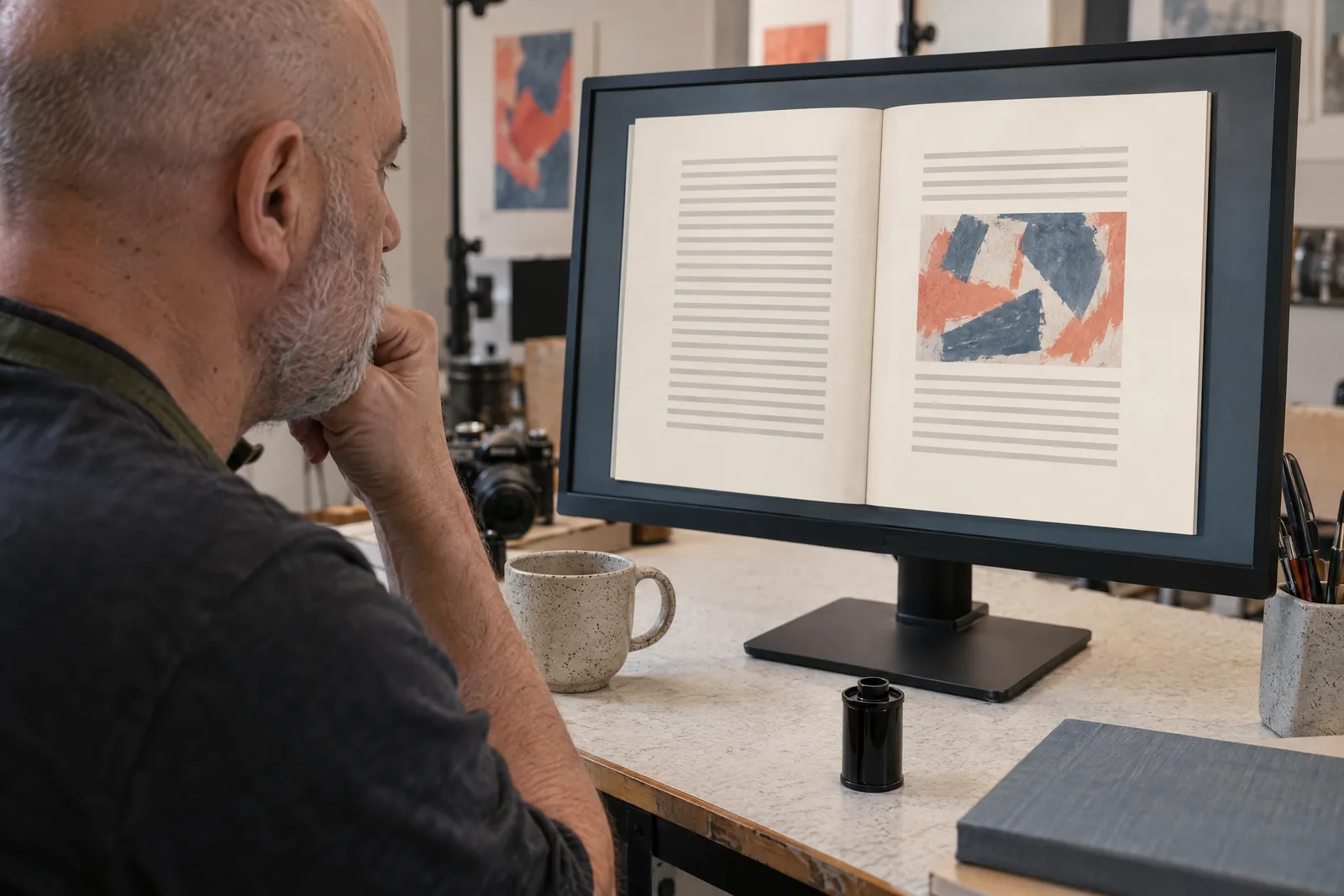 A bald man in his fifties with gray stubble in a green canvas apron at a photo bay looks at a screen showing a general product for sale, with a black film canister beside them.