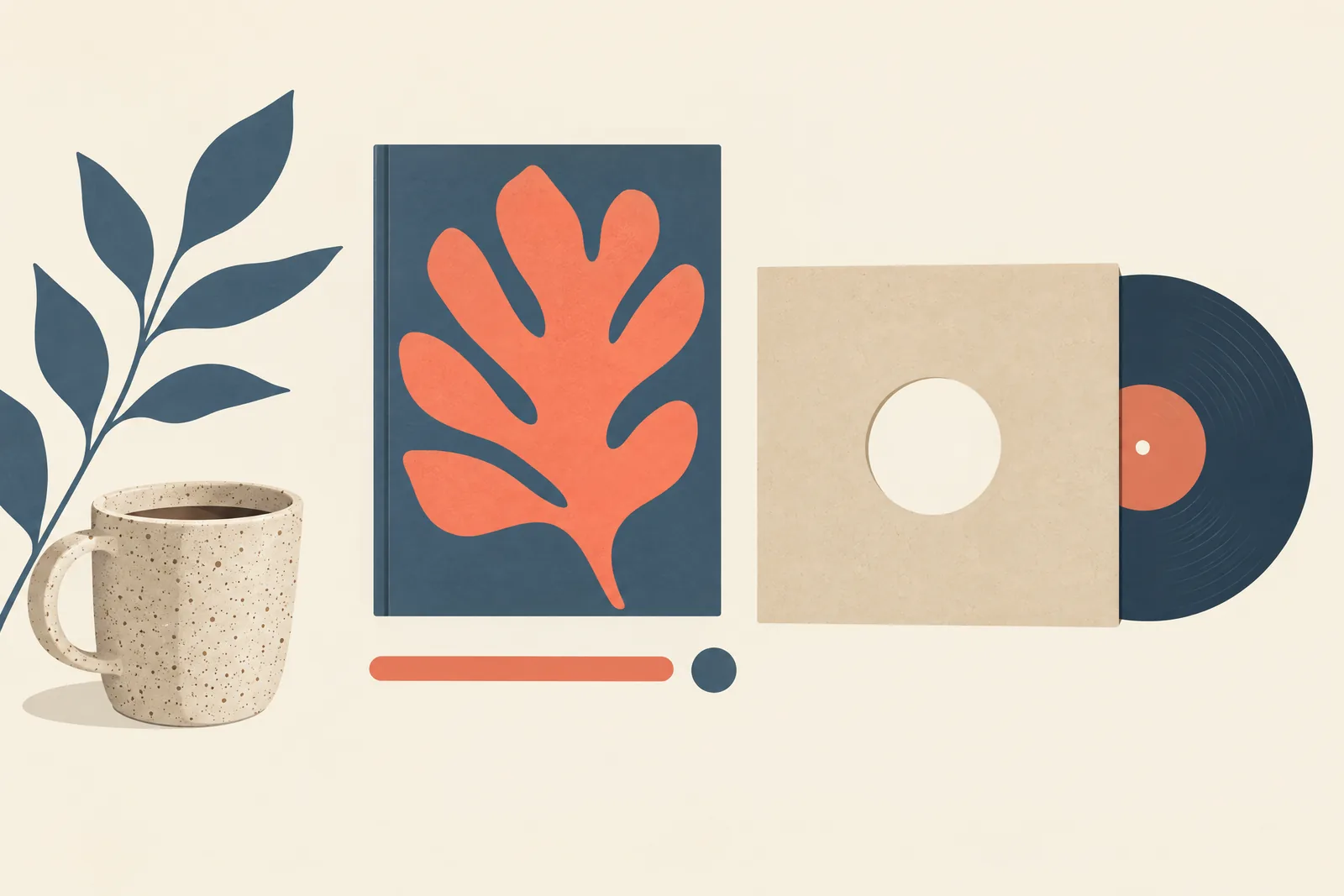 A schoolroom desk still life of a general product arranged with a blank vinyl sleeve, in coral, sand, slate, and cream.