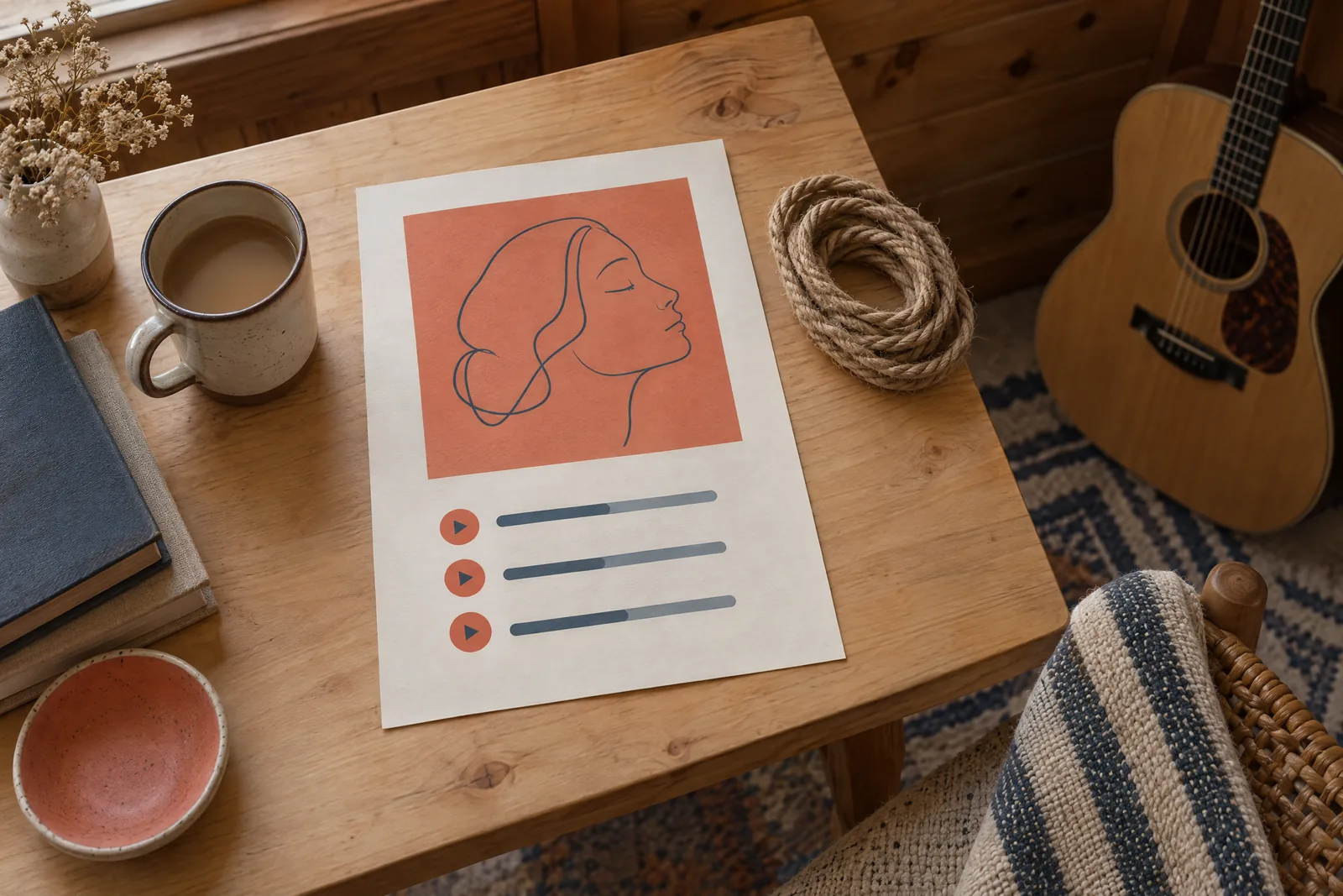 A cabin desk still life of a music product arranged with a coil of natural rope, in coral, sand, slate, and cream.