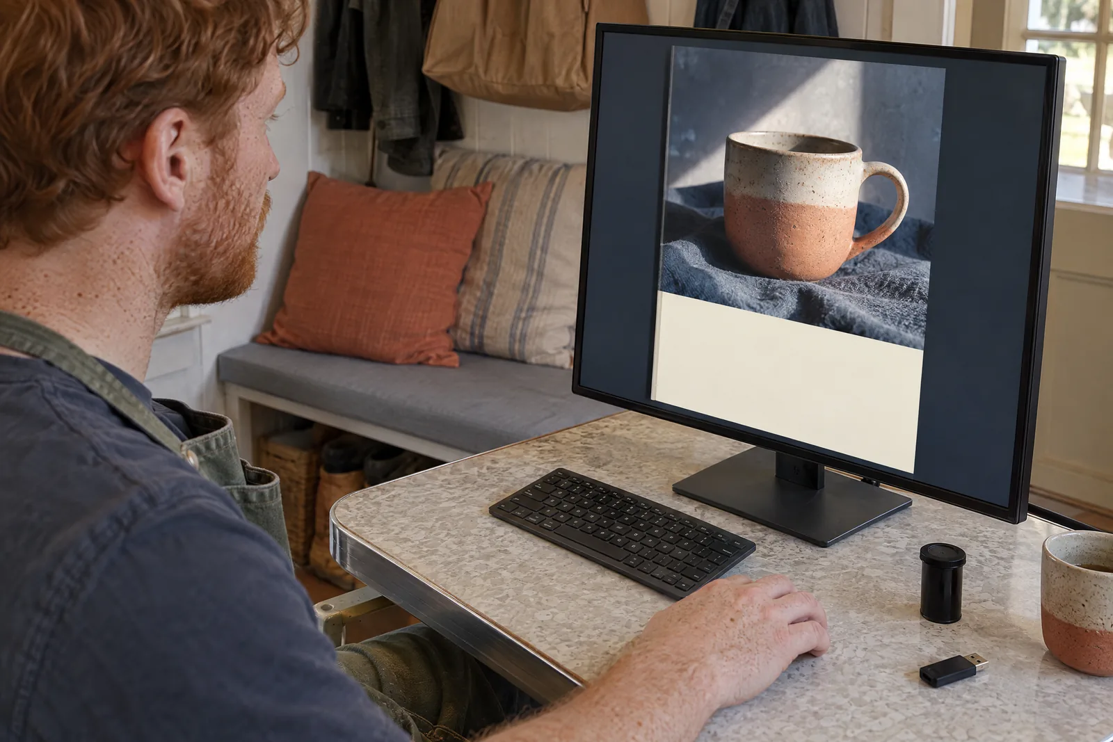 A man in his thirties with red hair and freckles in a green canvas apron at a mudroom bench looks at a screen showing a software product for sale, with a black film canister beside them.