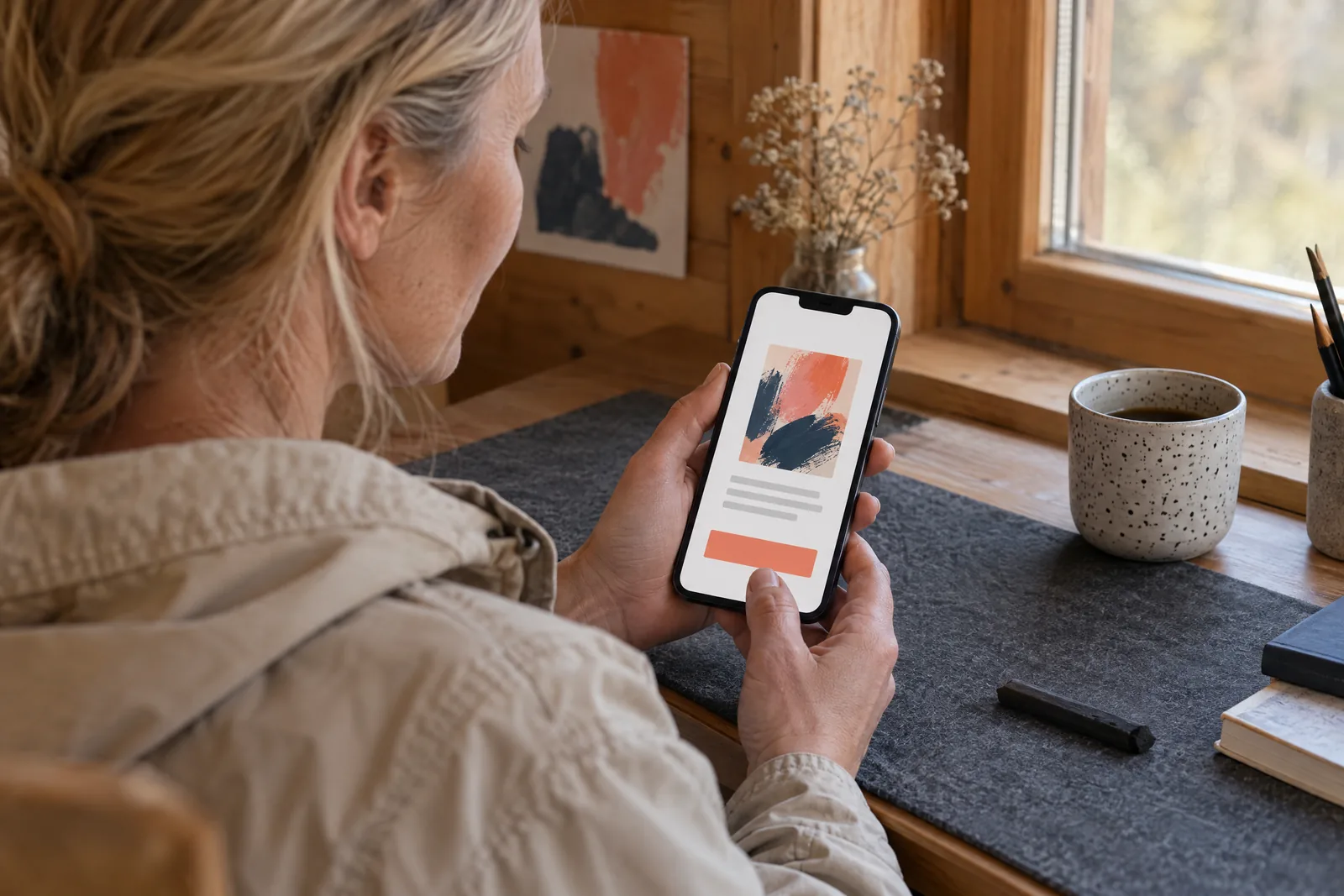 A woman in her forties with blonde hair tied back in a sand rain jacket at a writing cabin looks at a screen showing a general product for sale, with a charcoal stick beside them.