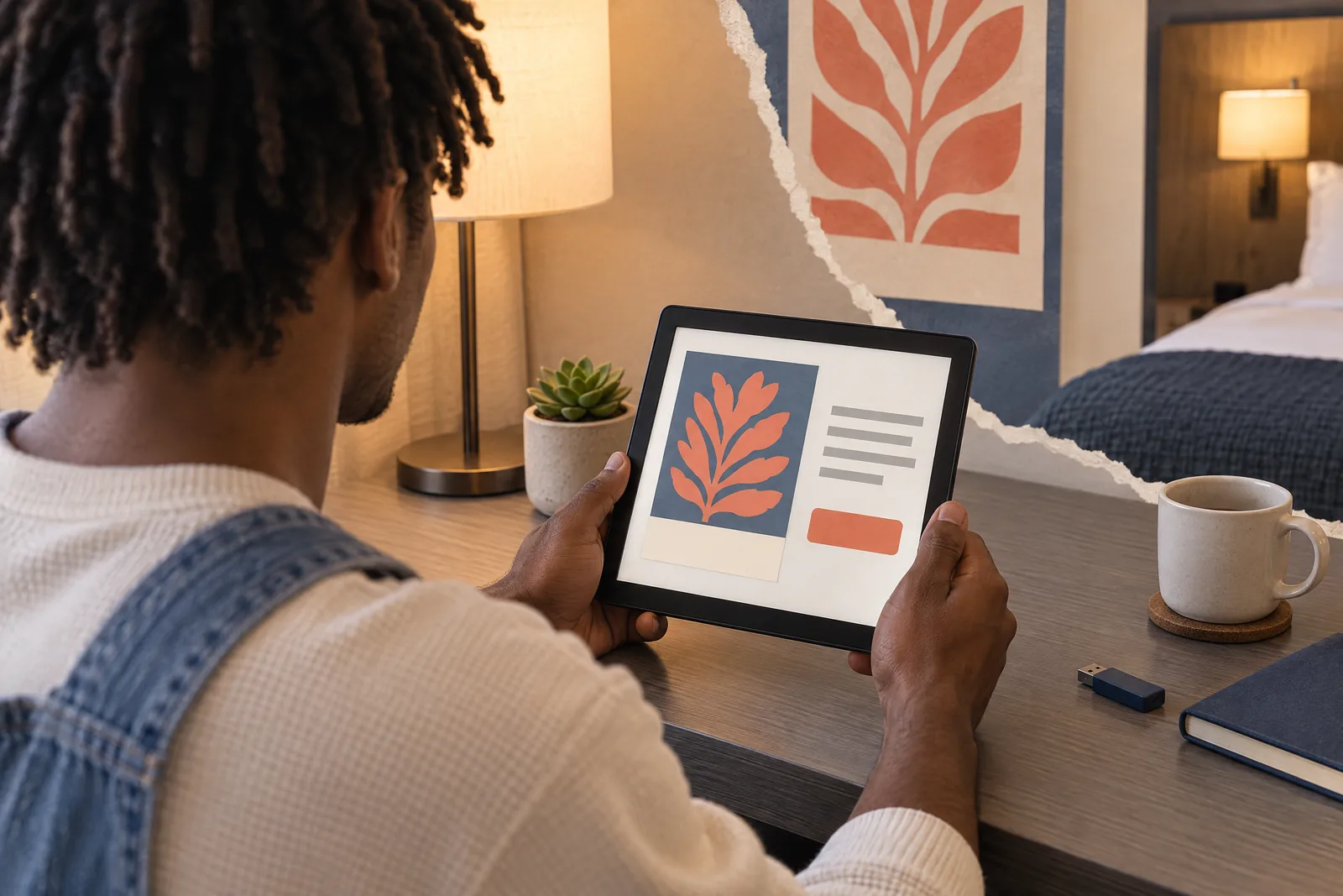 A young man with short locs in a denim overalls at a hotel desk looks at a screen showing a software product for sale, with a tiny succulent beside them.