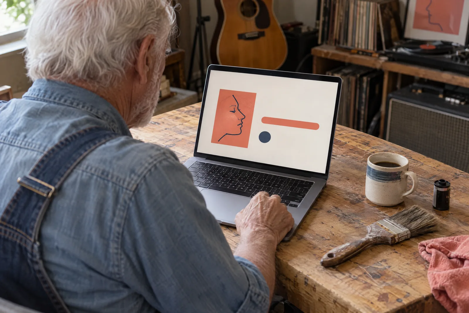 A man in his seventies with white hair in a denim overalls at a music room looks at a screen showing a video product for sale, with a wide paintbrush beside them.