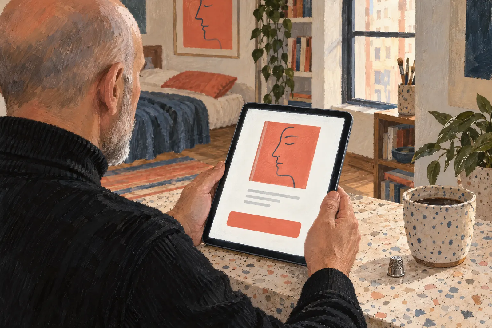 A bald man in his fifties with gray stubble in a black turtleneck at a studio apartment looks at a screen showing a general product for sale, with a metal thimble beside them.