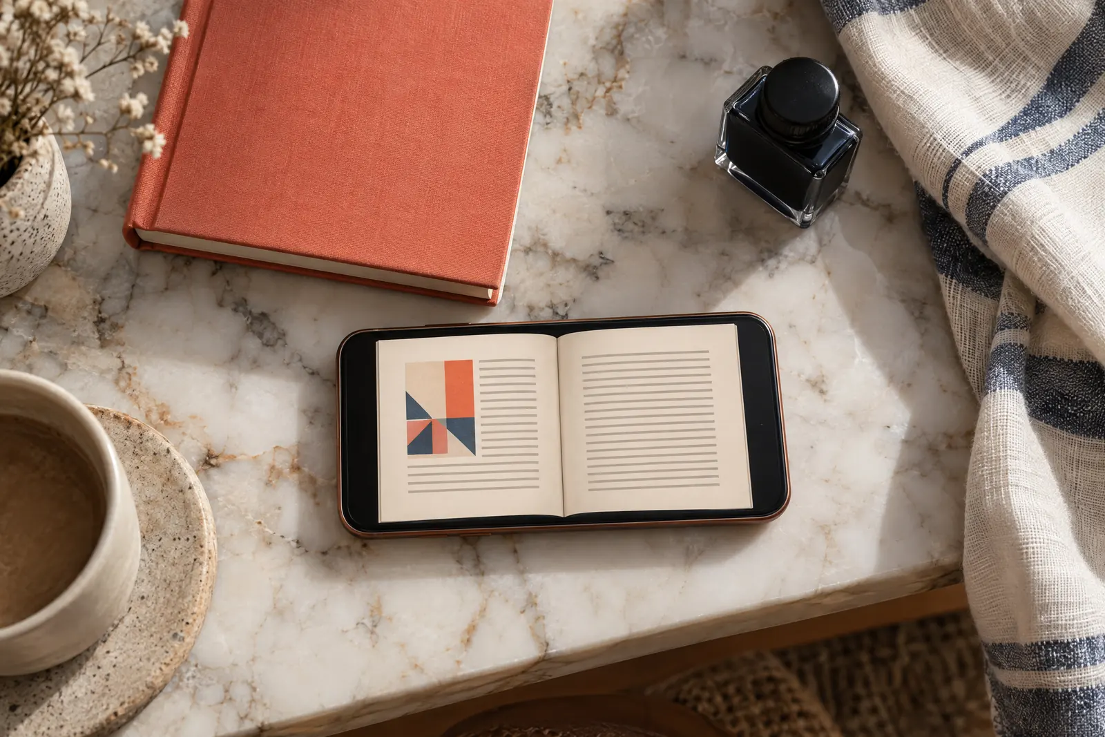 A rehearsal corner still life of a book product arranged with a small ink bottle, in coral, sand, slate, and cream.