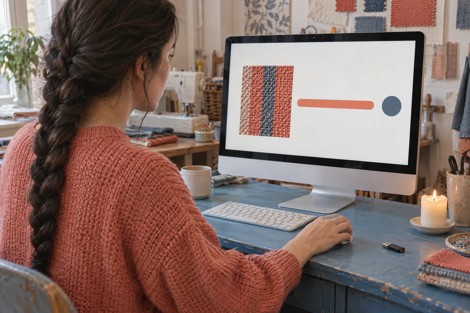 A woman in her twenties with a long dark braid in a coral knit sweater at a sewing room looks at a screen showing a software product for sale, with a short white candle beside them.