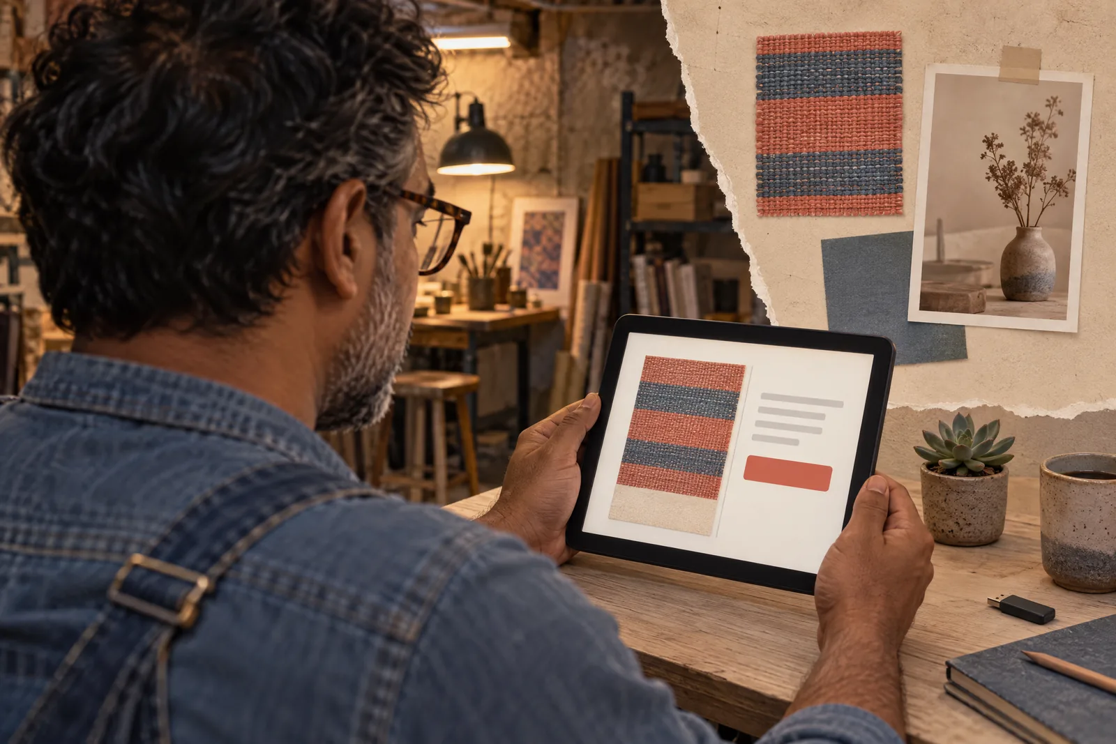 A south asian man in his forties with tortoiseshell glasses in a denim overalls at a basement studio looks at a screen showing a software product for sale, with a tiny succulent beside them.
