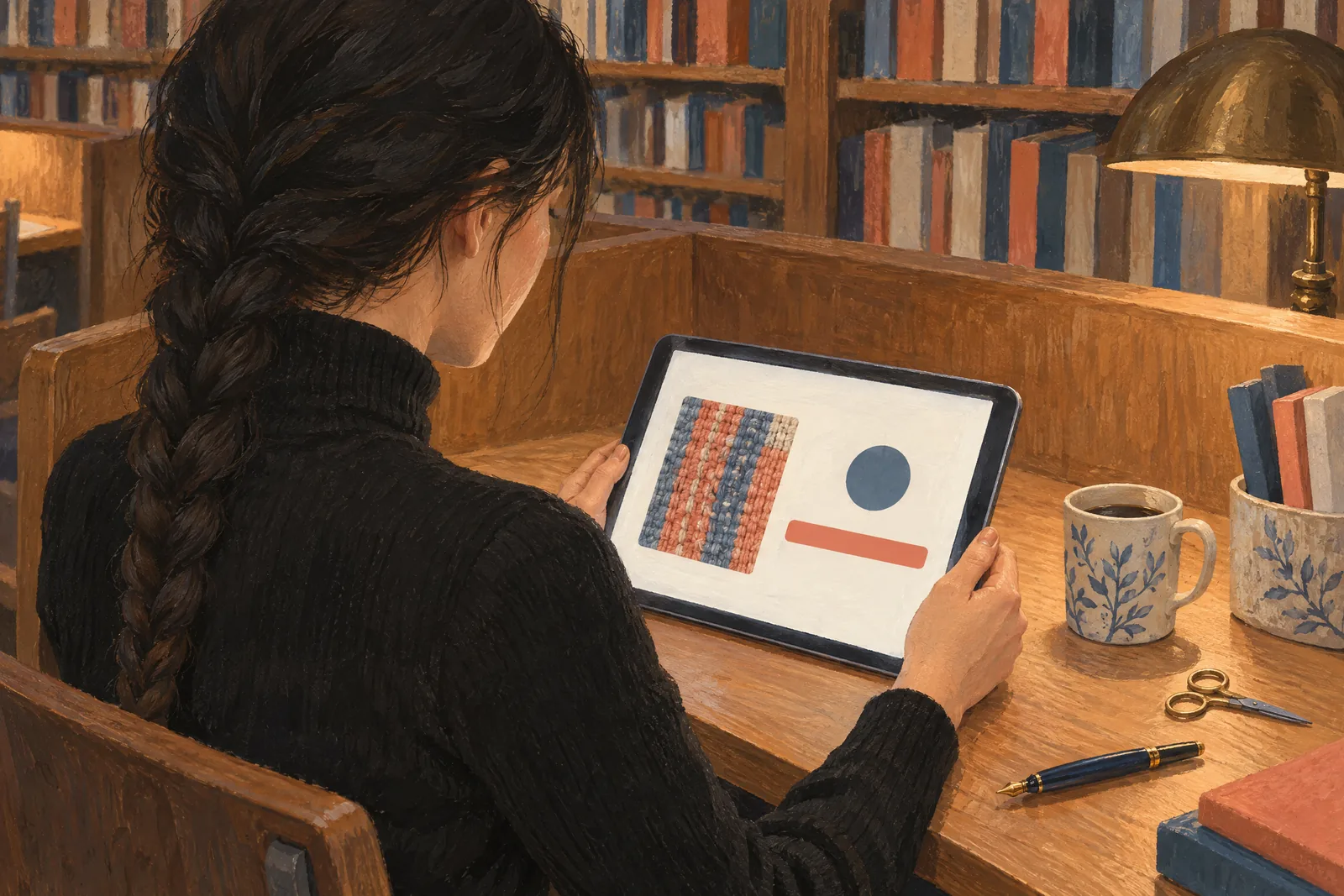 A woman in her twenties with a long dark braid in a black turtleneck at a library carrel looks at a screen showing a payment product for sale, with a pair of small scissors beside them.