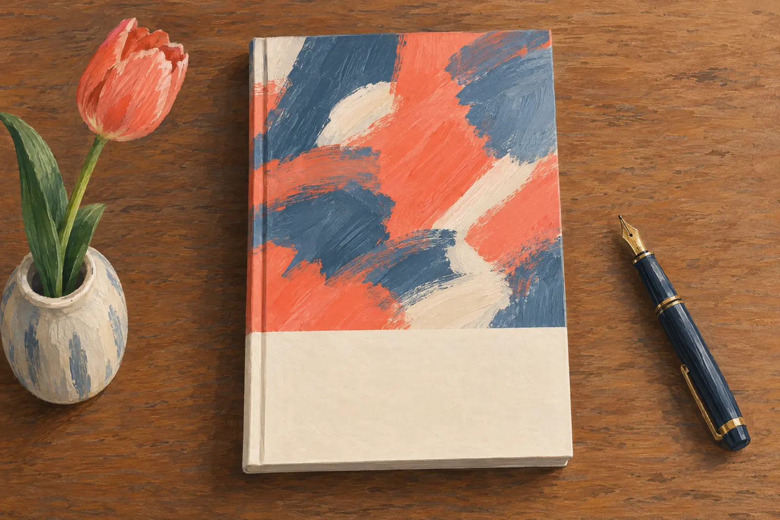 A attic studio still life of a payment product arranged with a single tulip, in coral, sand, slate, and cream.