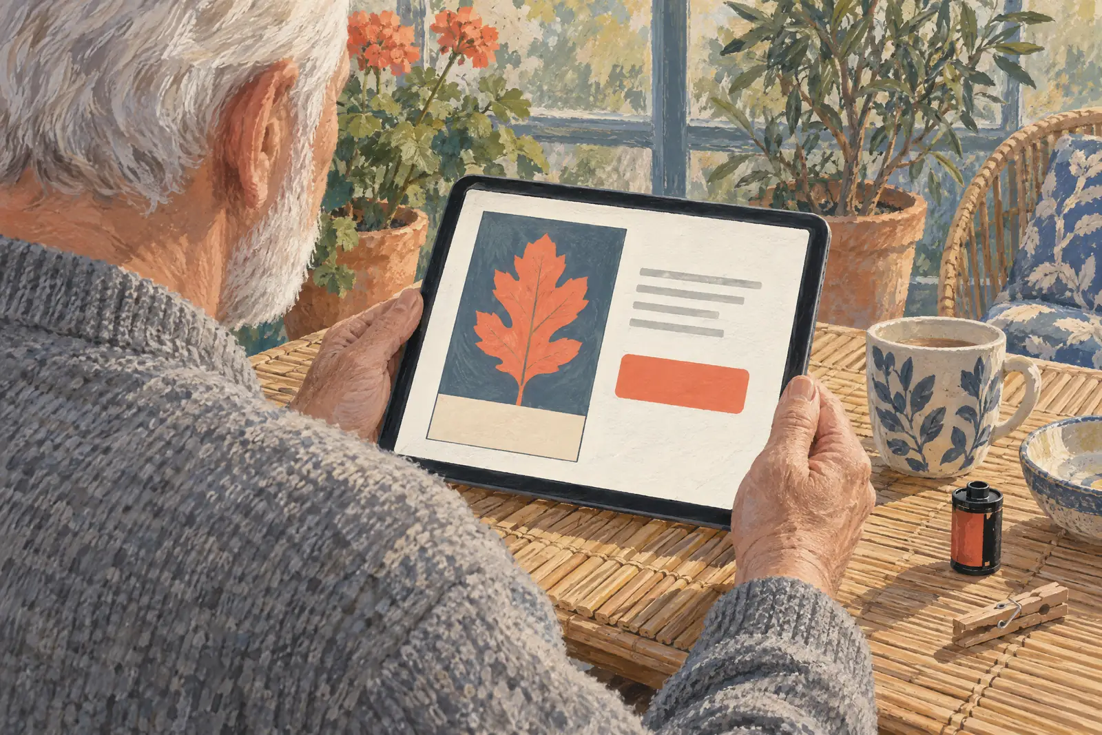 A man in his sixties with a close-cropped white beard in a heather gray wool sweater at a conservatory looks at a screen showing a video product for sale, with a wooden clothespin beside them.
