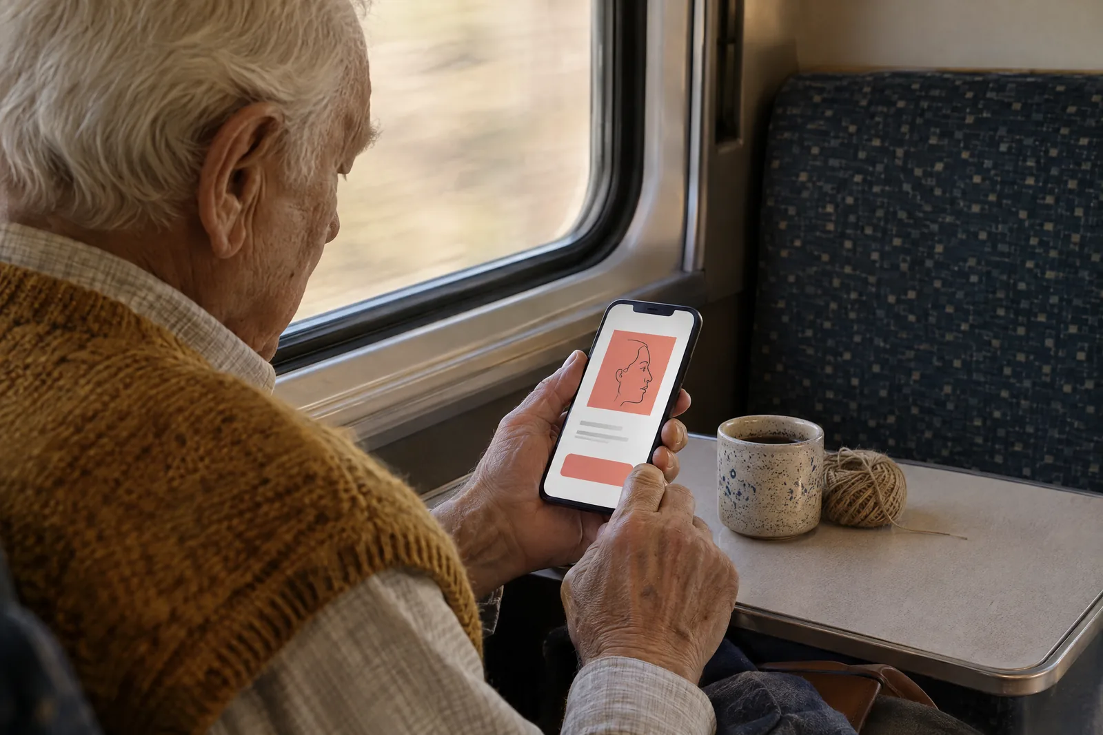 A man in his seventies with white hair in a mustard knit vest at a train compartment looks at a screen showing a general product for sale, with a ball of twine beside them.