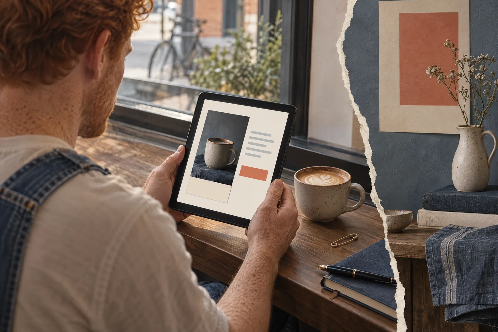 A man in his thirties with red hair and freckles in a denim overalls at a cafe window looks at a screen showing a payment product for sale, with a safety pin beside them.
