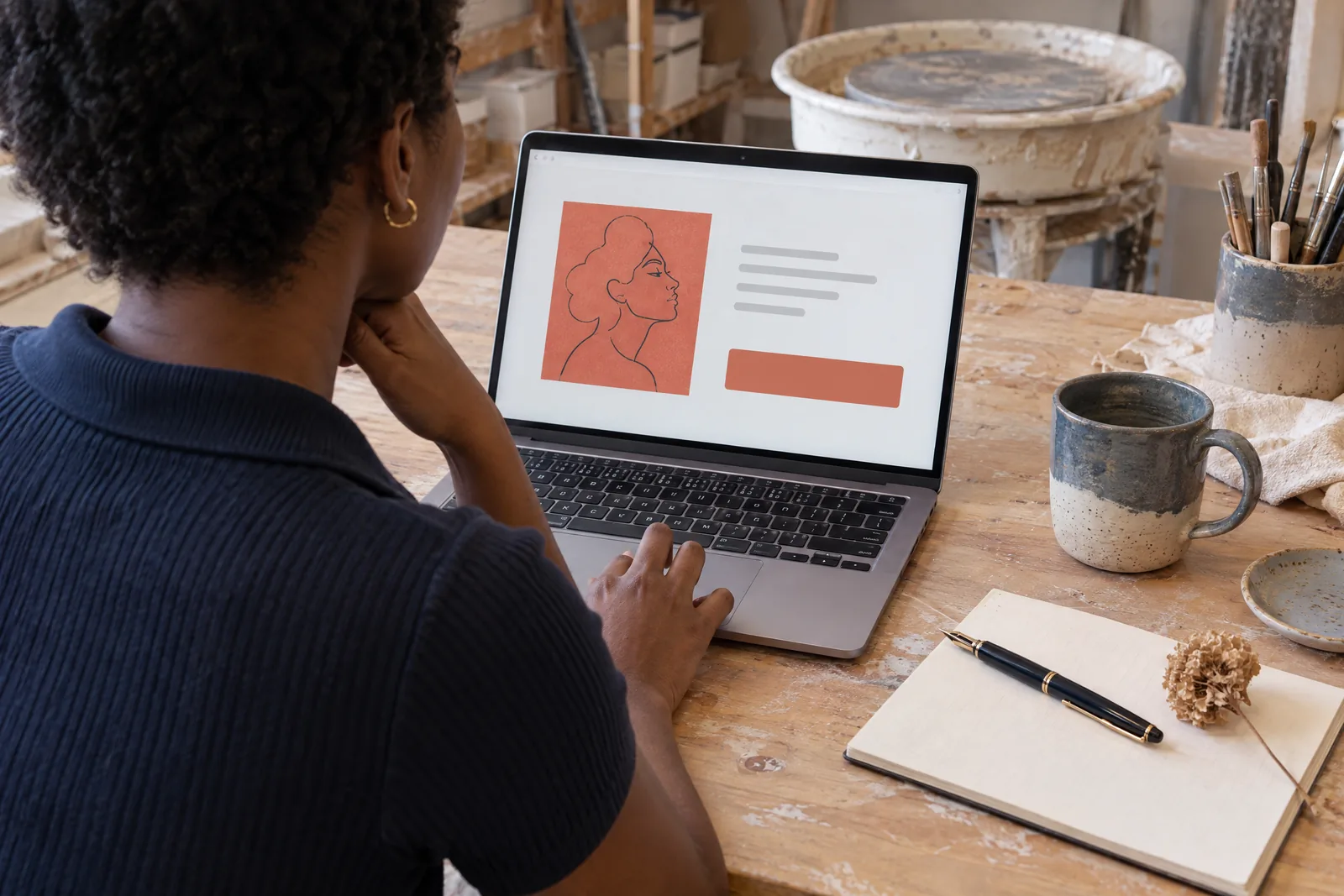 A black woman in her twenties with short natural hair in a navy knit polo at a clay studio looks at a screen showing a payment product for sale, with a dried flower beside them.