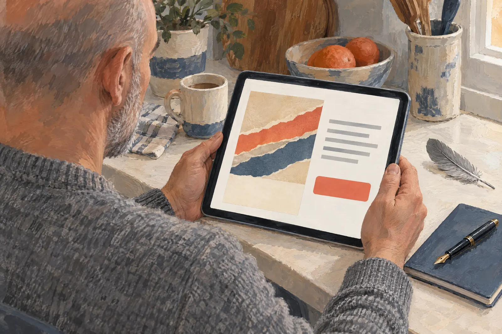 A bald man in his fifties with gray stubble in a heather gray wool sweater at a kitchen nook looks at a screen showing a payment product for sale, with a gray feather beside them.