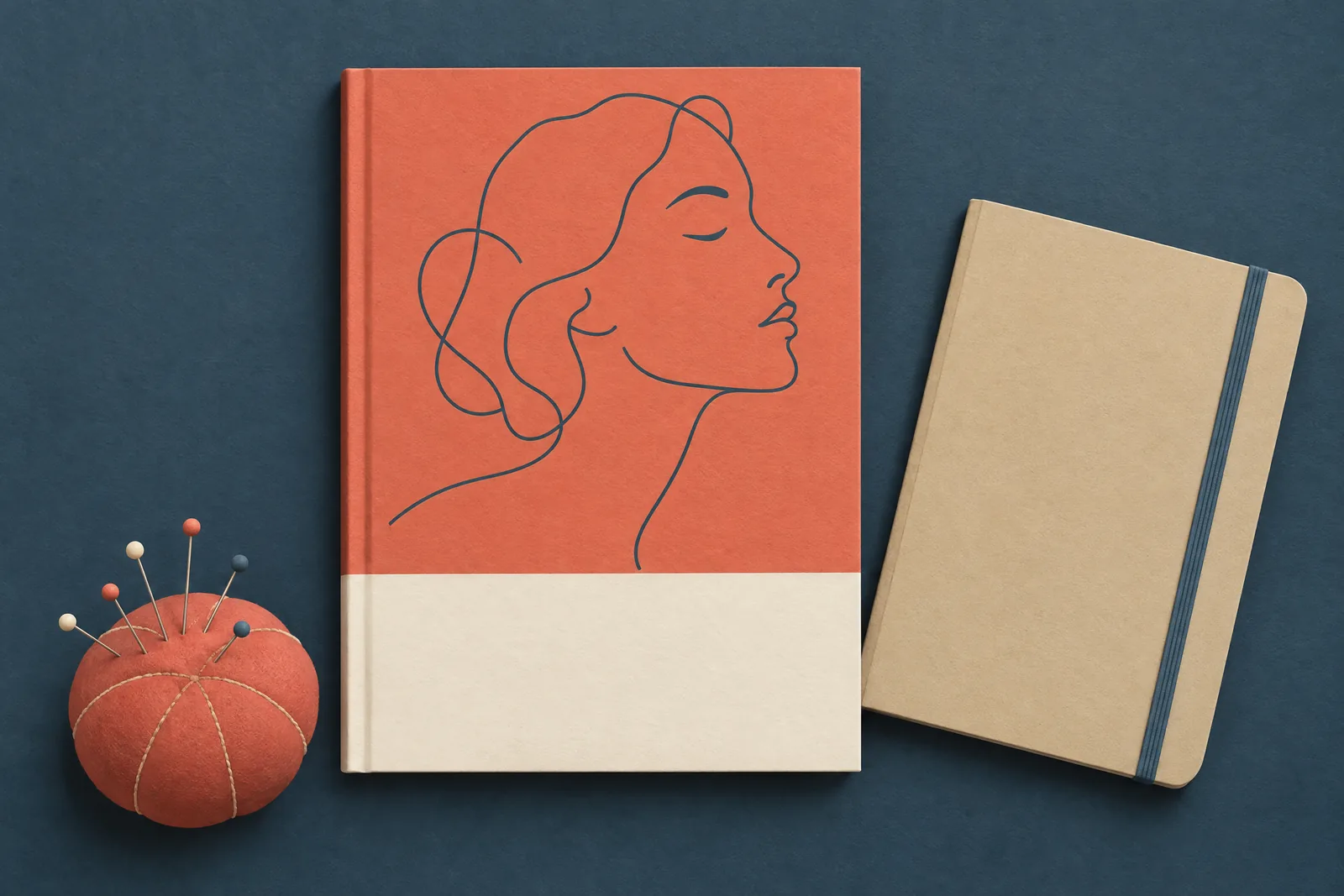 A sewing room still life of a ebook product arranged with a round pin cushion, in coral, sand, slate, and cream.