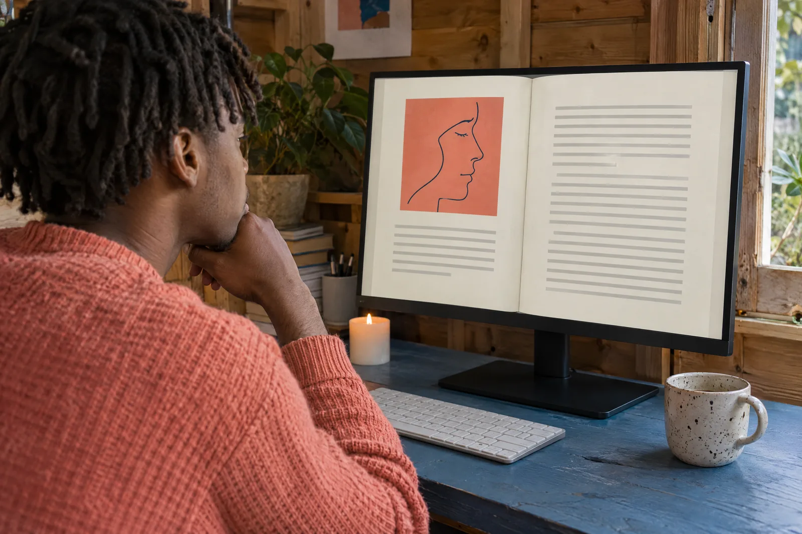 A young man with short locs in a coral knit sweater at a garden shed looks at a screen showing a general product for sale, with a short white candle beside them.
