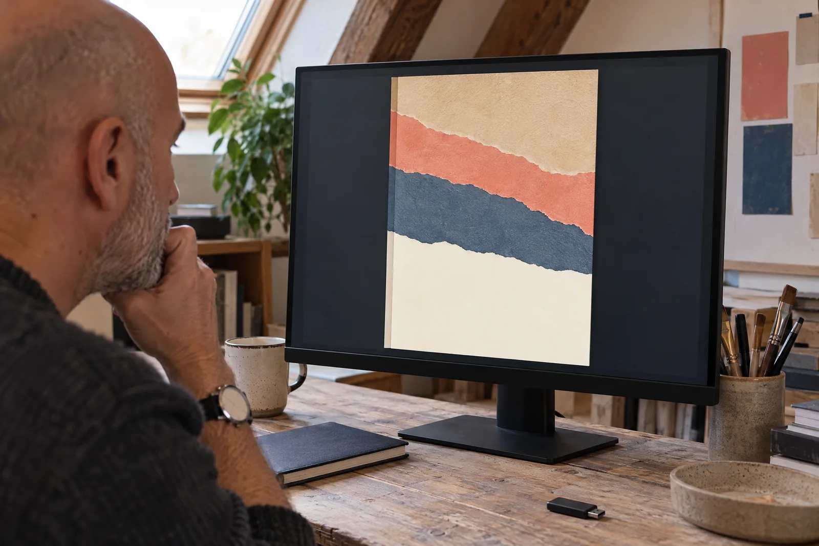 A bald man in his fifties with gray stubble in a charcoal sweater at a attic studio looks at a screen showing a software product for sale, with a wristwatch with a blank face beside them.
