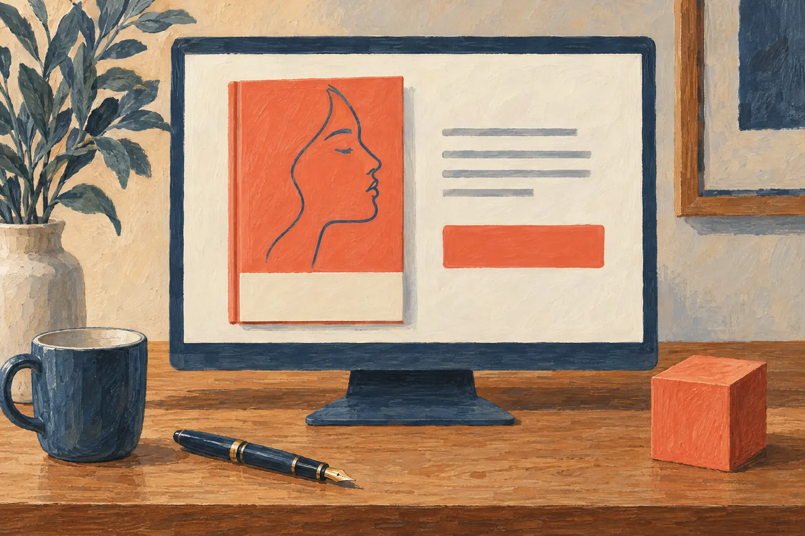A weave studio still life of a payment product arranged with a coral wooden cube, in coral, sand, slate, and cream.
