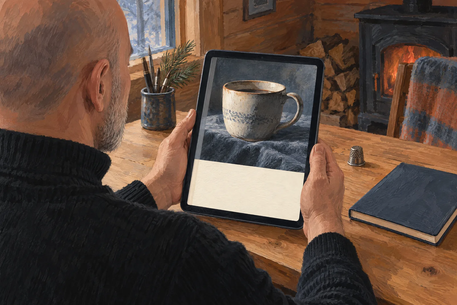 A bald man in his fifties with gray stubble in a black turtleneck at a cabin desk looks at a screen showing a ebook product for sale, with a metal thimble beside them.