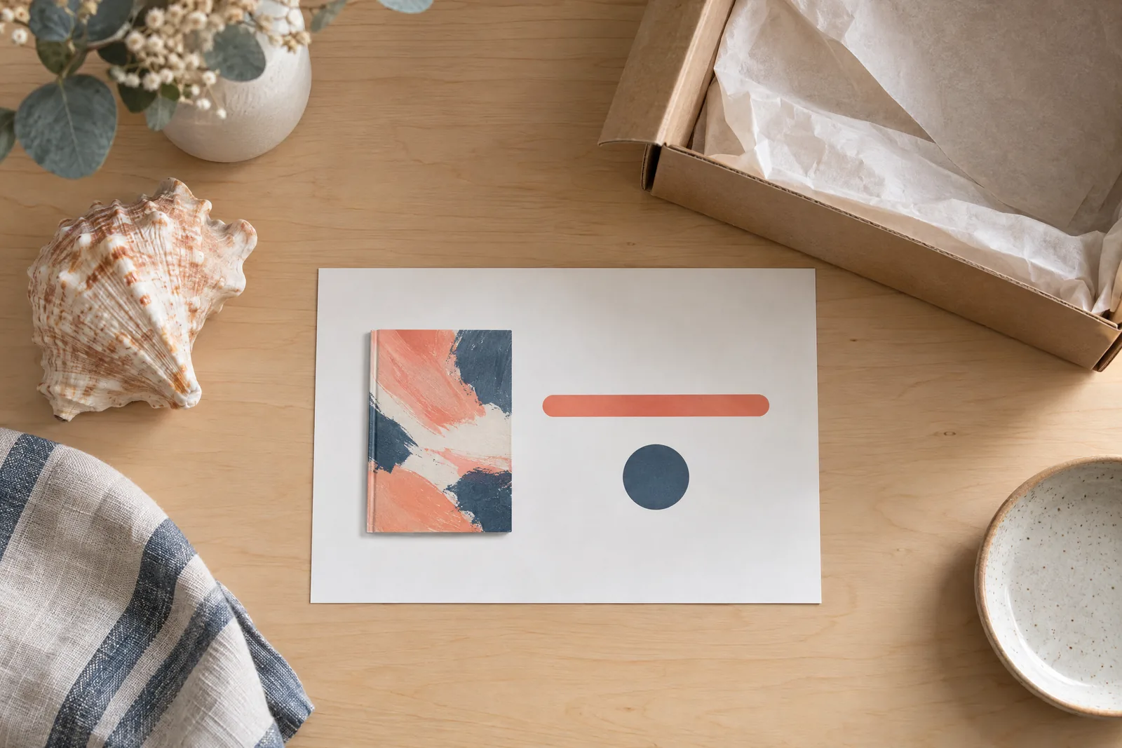 A studio apartment still life of a delivery product arranged with a seashell, in coral, sand, slate, and cream.