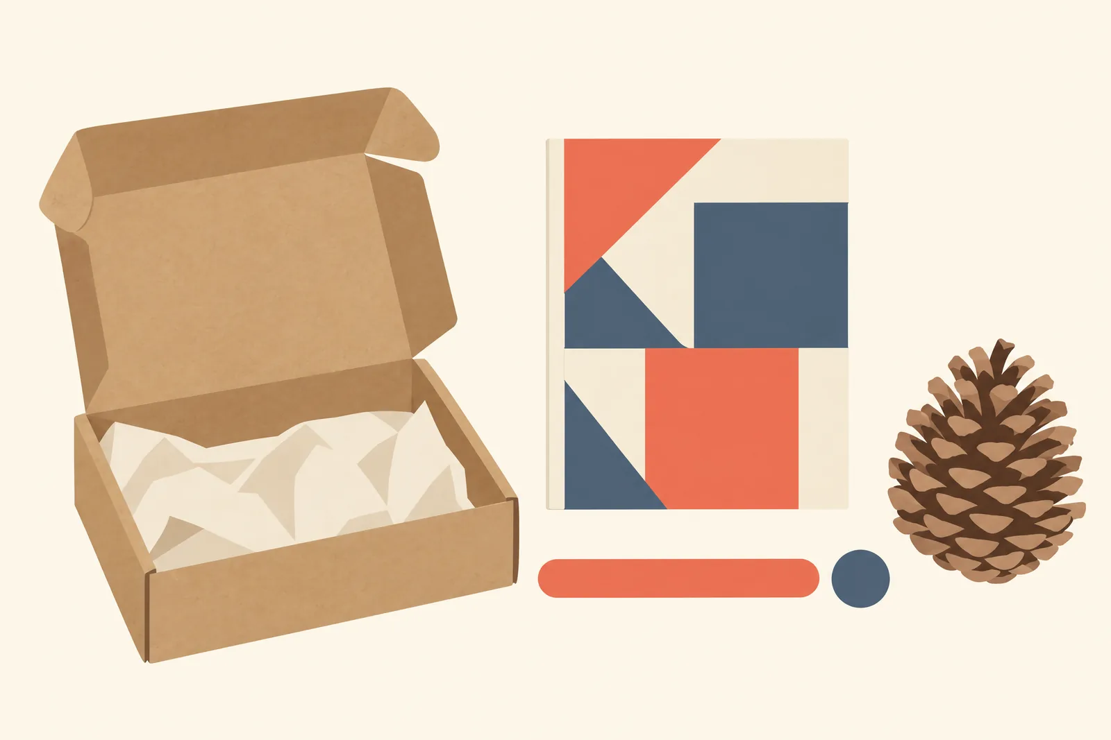 A mudroom bench still life of a delivery product arranged with a pinecone, in coral, sand, slate, and cream.