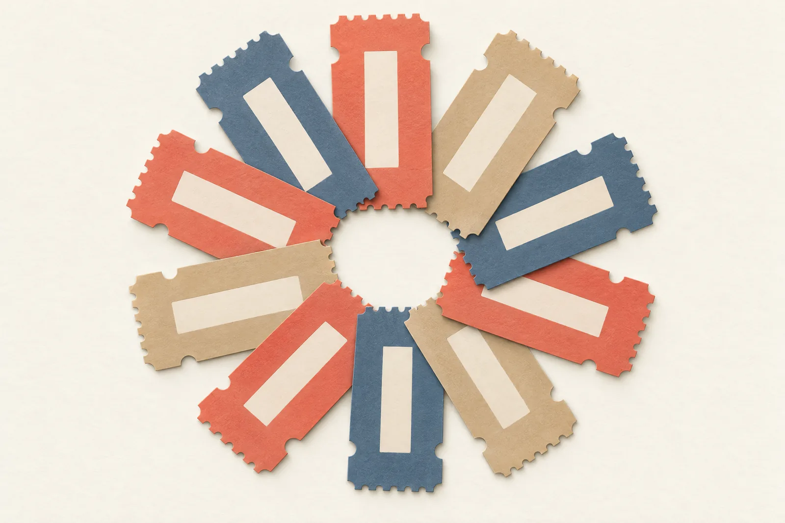Paper collage of ten small perforated vouchers in coral, sand, and slate fanned in a circle on cream.