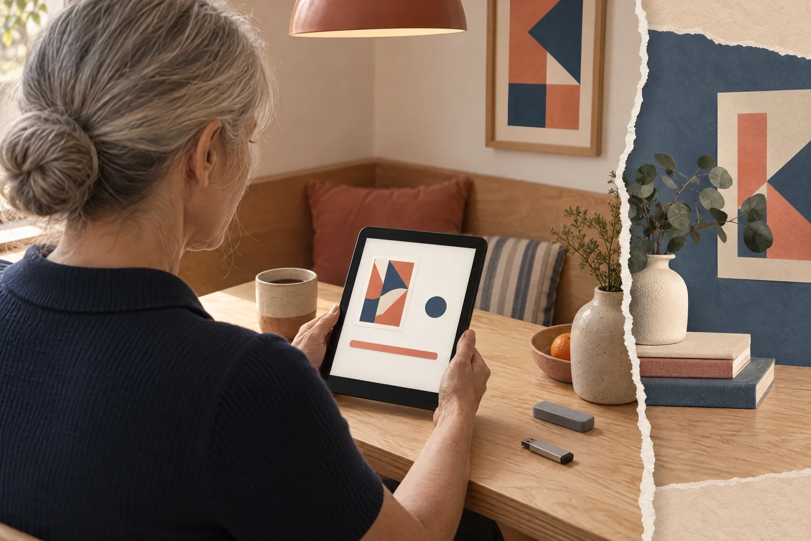 A woman in her fifties with silver hair in a low bun in a navy knit polo at a dining alcove looks at a screen showing a software product for sale, with a gray eraser beside them.
