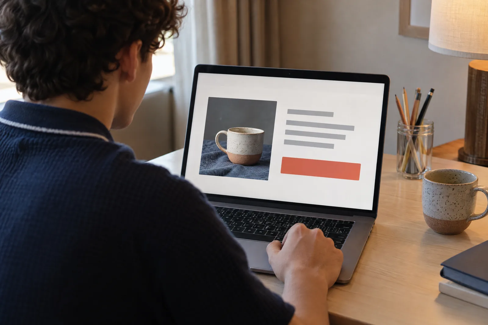 A teenager with curly hair in a navy knit polo at a hotel desk looks at a screen showing a general product for sale, with a glass jar of pencils beside them.