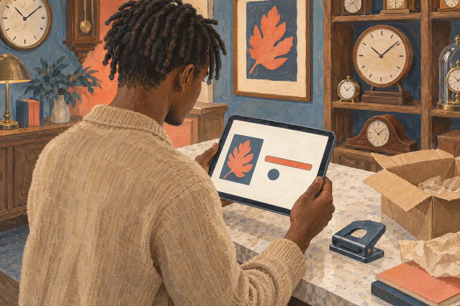 A young man with short locs in a sand cardigan at a clock shop looks at a screen showing a delivery product for sale, with a hole punch beside them.