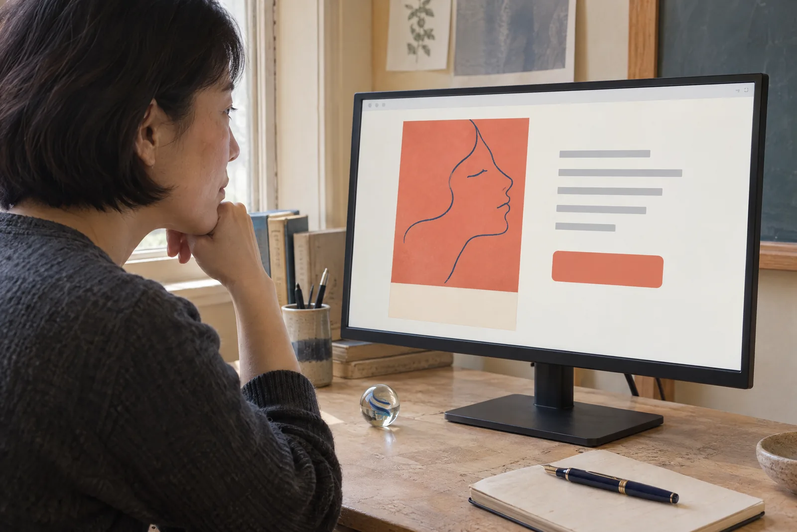 An east asian woman in her forties with a short bob in a charcoal sweater at a schoolroom desk looks at a screen showing a payment product for sale, with a glass marble beside them.