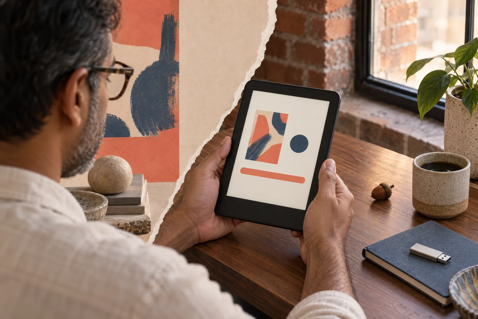 A south asian man in his forties with tortoiseshell glasses in a cream linen shirt at a loft corner looks at a screen showing a software product for sale, with an acorn beside them.