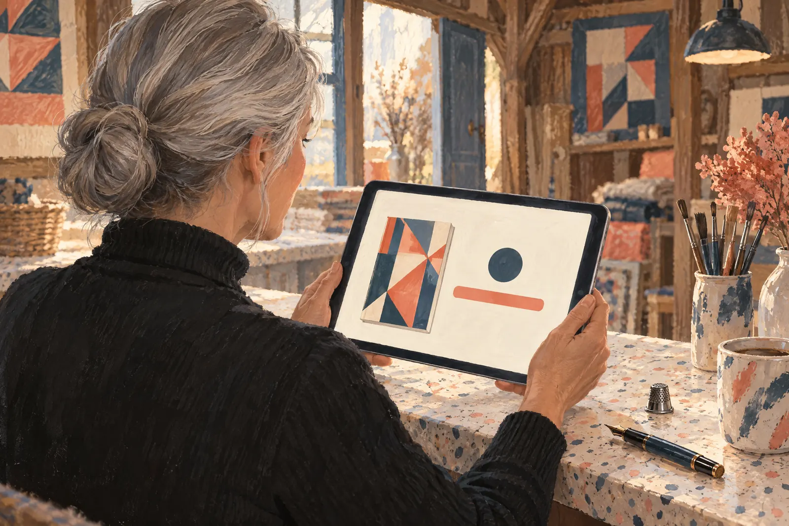 A woman in her fifties with silver hair in a low bun in a black turtleneck at a craft barn looks at a screen showing a payment product for sale, with a metal thimble beside them.